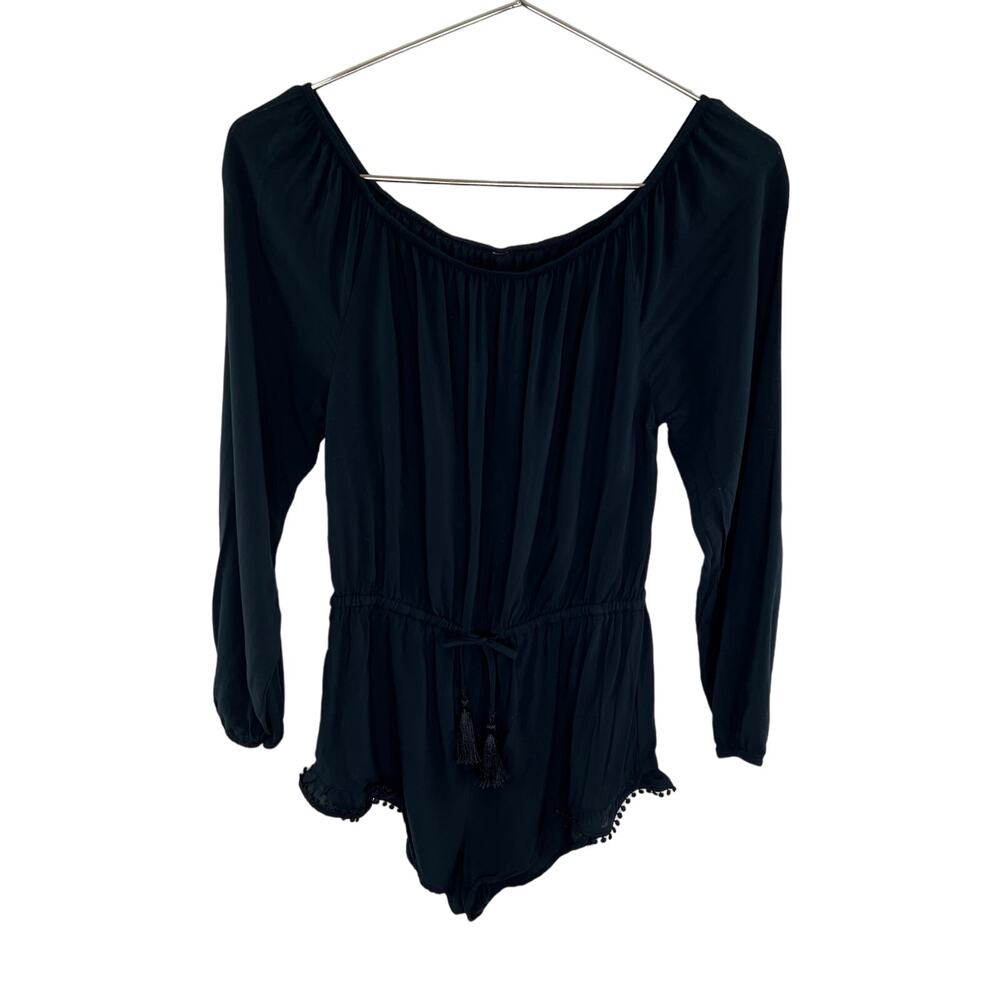 Victoria's Secret Body Black Long Sleeve Pompom Trim Tassel Romper XS X-Small